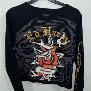 Ed Hardy Black Graphic Long Sleeve with Red and Gold Accents